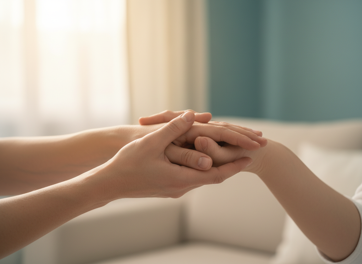 Physiotherapist's hands supporting a patient during a home therapy session