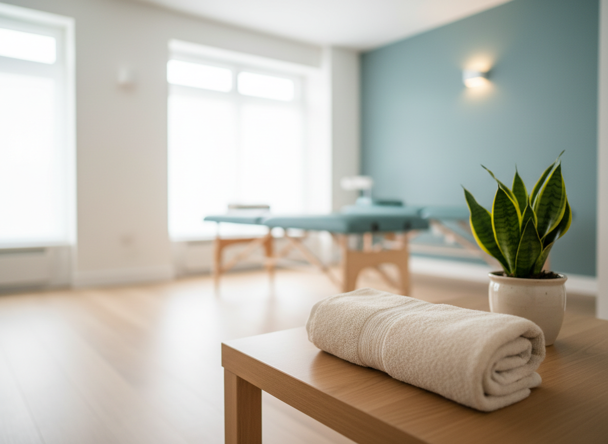 Calm, bright physiotherapy space with soft natural light and teal accents